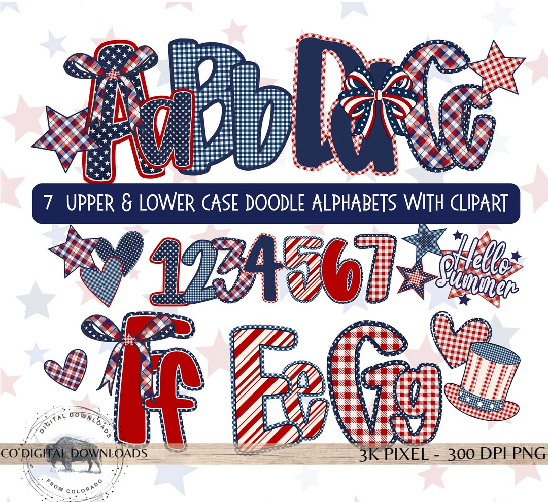Preppy 4th of July Alphabet Bundle PNG, Red Blue Doodle Letters ...