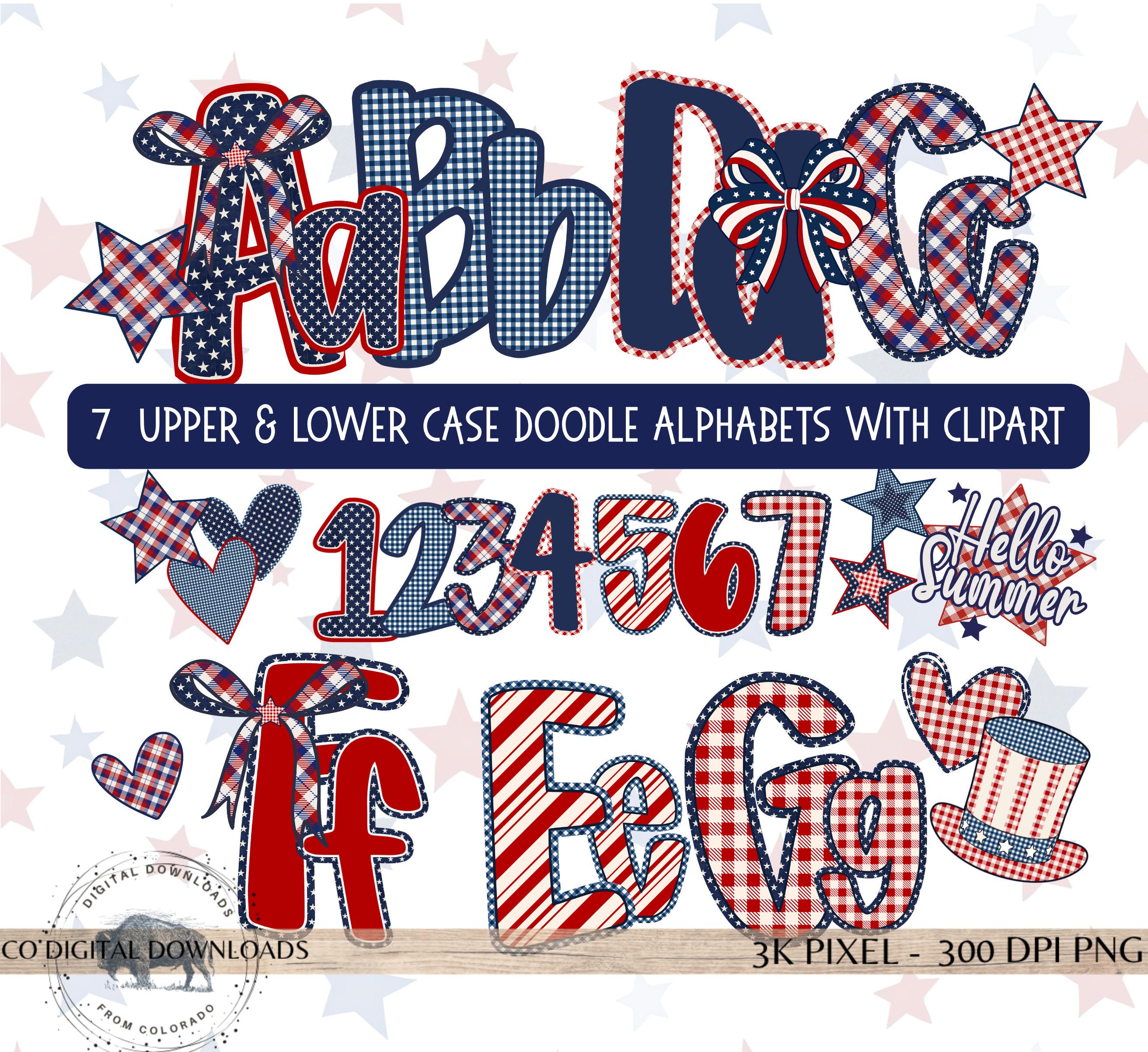 Preppy 4th of July Alphabet Bundle PNG, Red Blue Doodle Letters ...