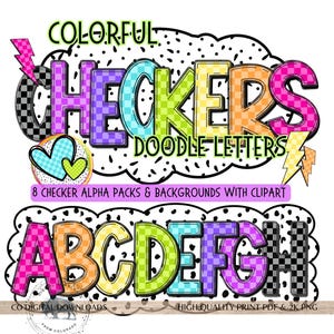 Paquete de alfabetos a cuadros coloridos PNG PDF, letras Alpha Doodle, letra a cuadros PNG, conjunto de 8 letras de colores brillantes, letra marquesina de puntos dálmata