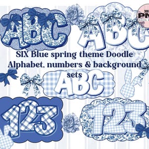 Blue Chinoiserie Alphabet png bundle, Easter Toile French Sublimation, Preppy Floral Alpha doodle PNG, Coquette bow Letters, Commercial Use