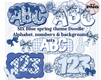 Blue Chinoiserie Alphabet png bundle, Easter Toile French Sublimation, Preppy Floral Alpha doodle PNG, Coquette bow Letters, Commercial Use