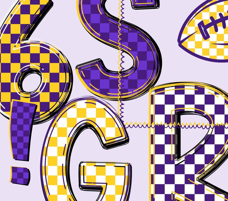 Team Spirit Alphabet PNG Bundle, Football Purple Yellow Checker Letters ...