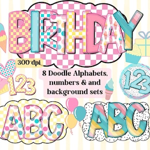 Birthday alphabet PNG, checker Doodle Alphabet Bundle, colorful Party Letters clipart class , Printable Alpha doodle, class Bulletin board