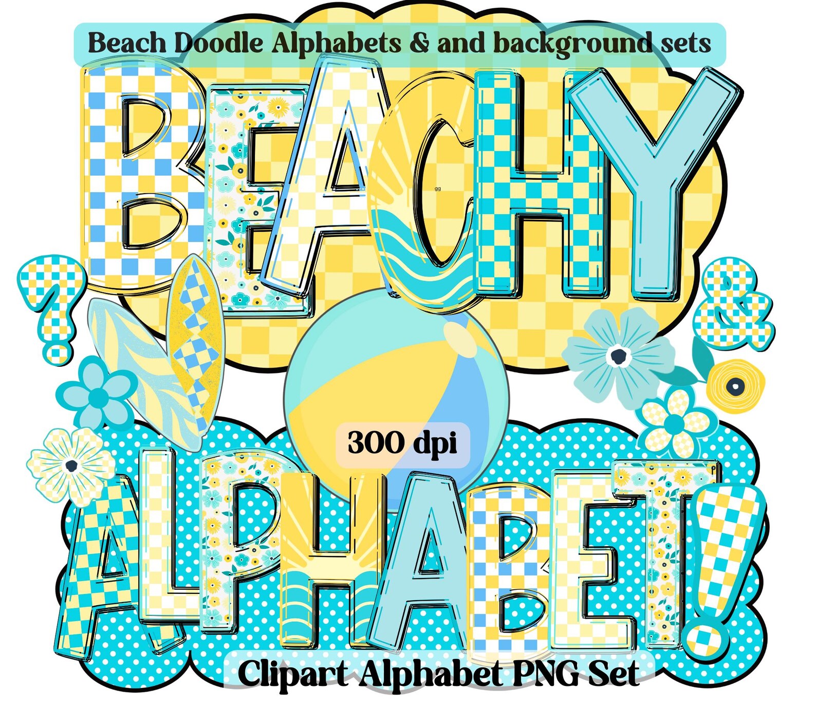 Beach Day Alphabet PNG, Summer Letters Bundle, Surf Doodle, Yellow Aqua ...