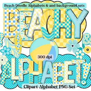Alfabeto PNG de día de playa, paquete de letras de verano, garabato de surf, letra de garabato de cuadros amarillos aguamarina, fondo dálmata, boletín de garabatos de marquesina