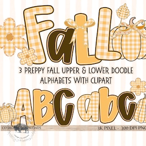 Preppy Fall Alphabet Bundle PNG, Thanksgiving font Doodle letters, Orange brown Autumn gingham coquette pumpkins, Upper Lower Alpha Clipart