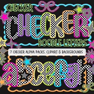 Neon Checker Alphabet Bundle PNG PDF, Groß- & Kleinbuchstaben, Alpha Doodle Buchstaben, karierte Buchstaben PNG, helle Farbe 7 Alpha, Marquee Bulletin