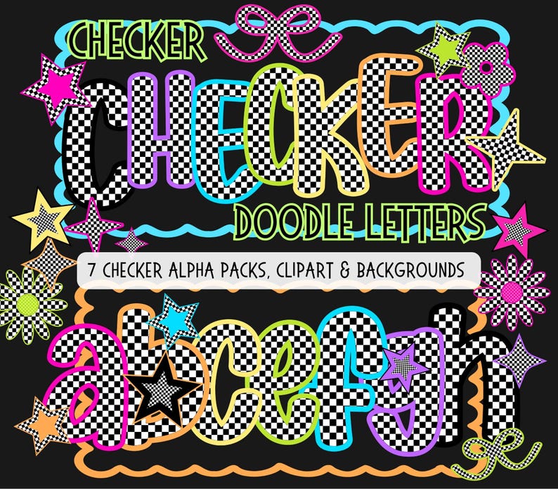 Neon Checker Alphabet Bundle PNG PDF, Upper & Lowercase, Alpha Doodle ...