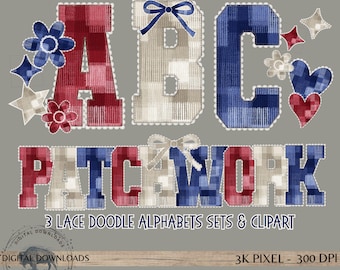 Patchwork letters PNG Bundle, 4th of July alphabet, red white blue doodle font, stitched Alpha set, faux quilted alpha pack & clipart