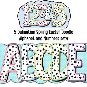 Paquete de letras doodle de dálmata, alfabeto PNG con estampado animal, paleta de colores pastel, nombre personalizado, conjunto de letras doodle del alfabeto de primavera, boletín