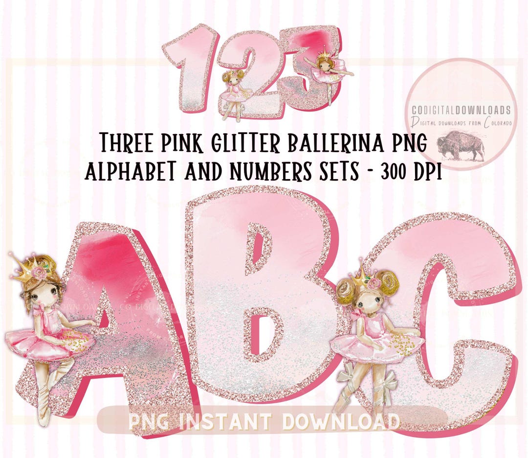 Pink Alphabet PNG Bundle, Ballet Glitter Doodle Letters PNG, Ballerina ...