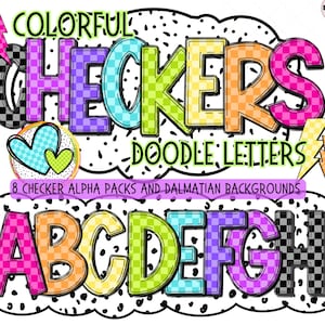 Alfabeto de cuadros coloridos, paquete PNG PDF, letras de garabatos alfa, letras a cuadros PNG, conjunto de 8 colores brillantes, letras de marquesina de puntos dálmatas