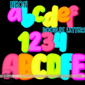 Paquete de alfabeto brillante PNG PDF, letras alfa coloridas de doodle, letras neón de burbuja PNG, conjunto alfa de 6 colores neón, letras de boletín imprimibles