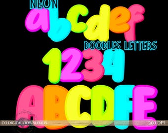 Neon Alphabet Bundle PNG PDF, colorful Alpha Doodle font, Bubble Letters PNG,  bright Alpha Set, Printable bulletin letters