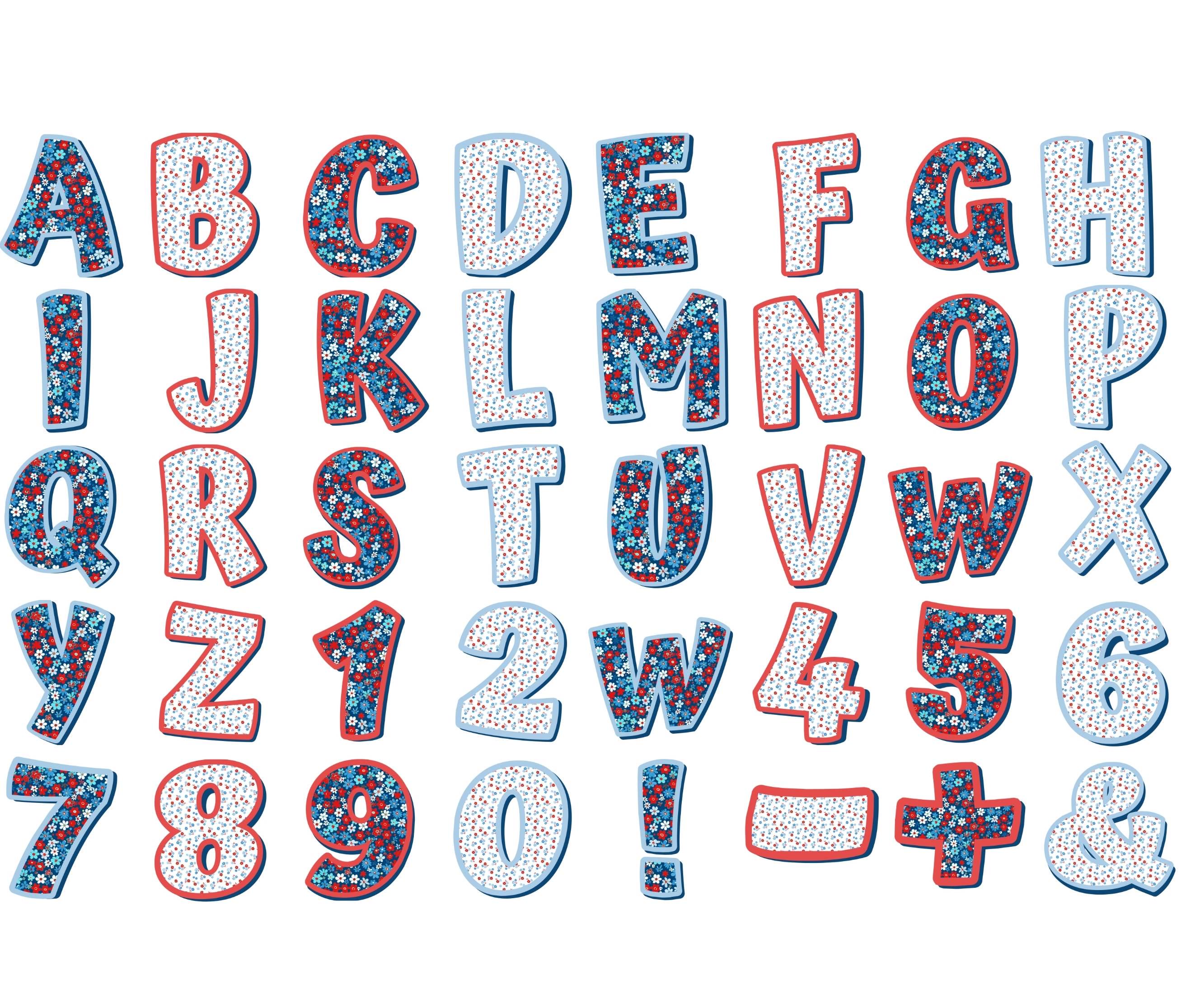 Fourth Lettering Floral Alphabet PNG, Patriotic Doodle Alphabet Bundle, 4th of July ...