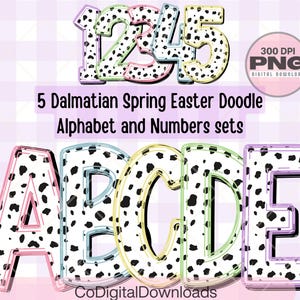 Paquete de letras doodle de primavera, alfabeto PNG con estampado animal, paleta de colores de Pascua, nombre personalizado, conjunto de letras doodle del alfabeto dálmata, boletín