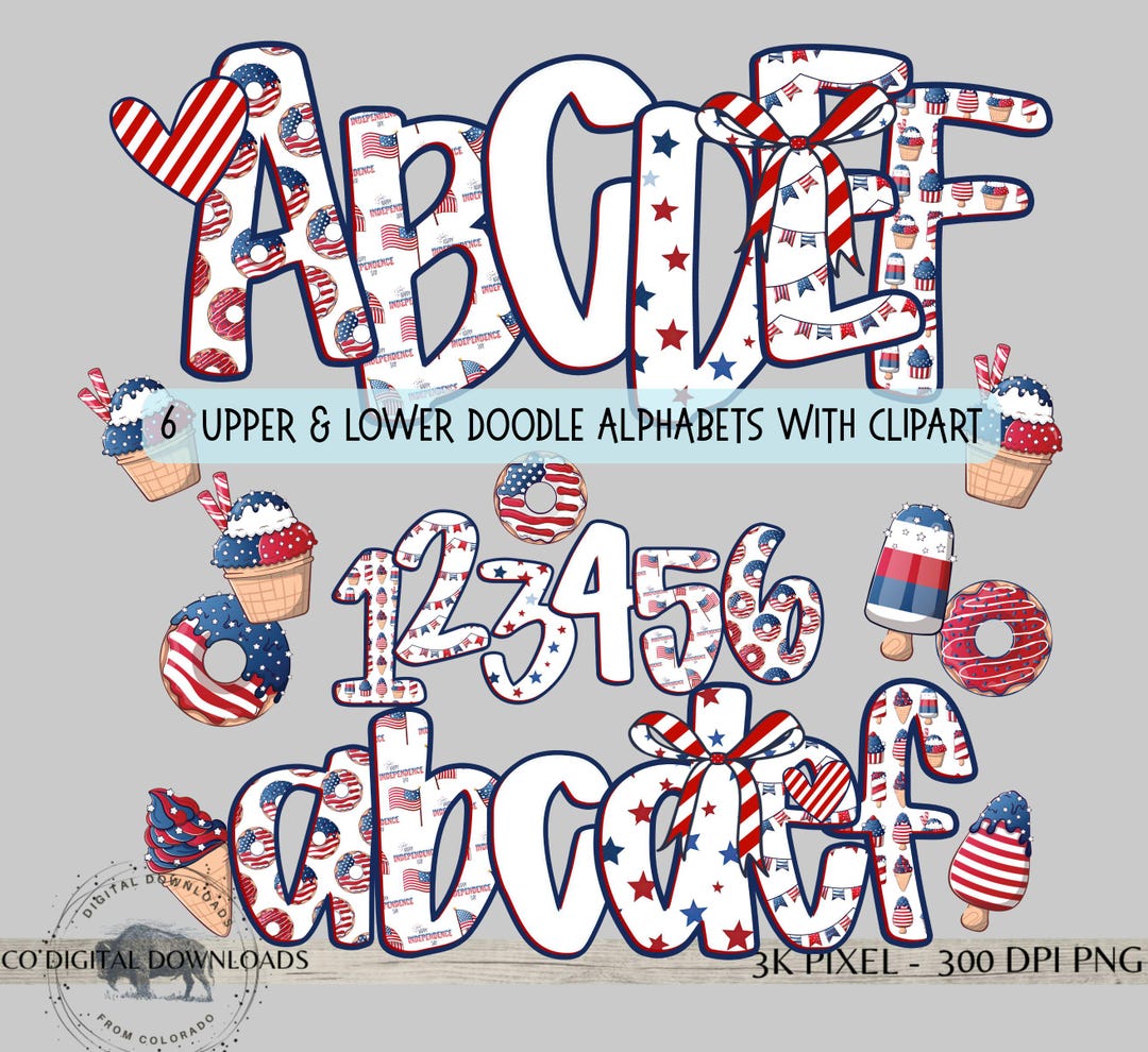 Preppy Patriotic Alphabet Bundle PNG, 4th of July Doodle Font, Upper ...