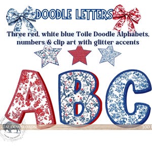 Preppy floral Alphabet PNG Bundle, red white blue Toile Chinoiserie Letters, Glitter alpha pack, 4th of July Font, Patriotic alpha, bulletin