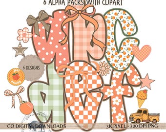 Preppy Fall Alphabet PNG Bundle, Peach Alpha Doodle letters, Checker polka dot font, Thanksgiving Alpha Set, bulletin board letters