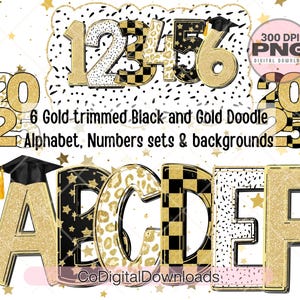 Pacote de alfabeto png de formatura, letras de fonte de doodle png, clipart de alfabeto de festa de formatura, anúncio desenhado à mão, para impressão, alfa de verificador dourado