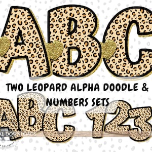 Alfabeto de guepardo PNG, fuente de leopardo, letras de garabatos con estampado animal, contorno de purpurina dorada y negra, conjunto alfa, marrón y negro, letras para tablón de anuncios