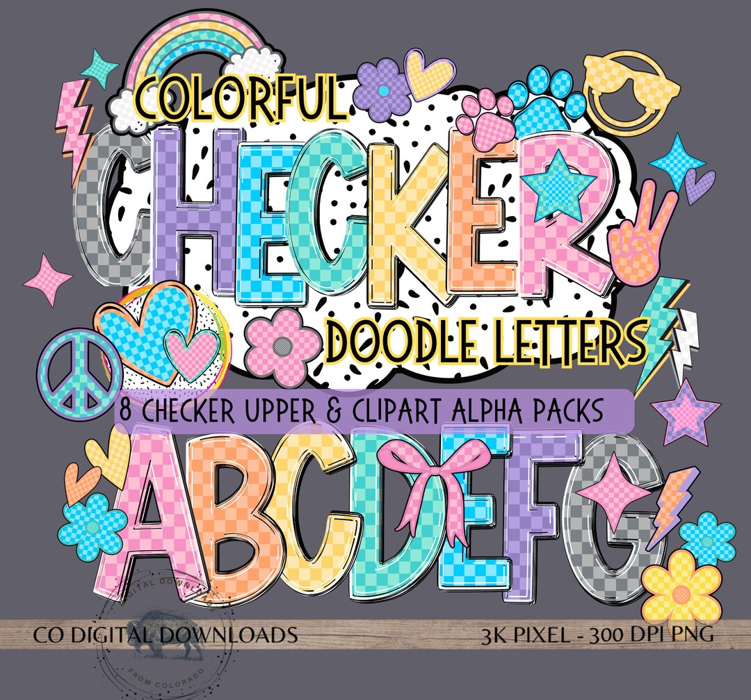 Colorful Checker Alphabet Bundle PNG, Retro Alpha Doodle Letters ...
