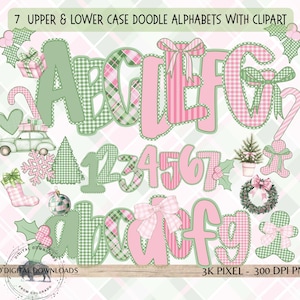 Peut inclure: Conception numérique avec des alphabets et des chiffres de style doodle en majuscules et minuscules, ainsi que des cliparts sur le thème des fêtes. Les lettres et les chiffres sont roses et verts, avec des motifs à carreaux et à rayures. Comprend des illustrations de Noël.