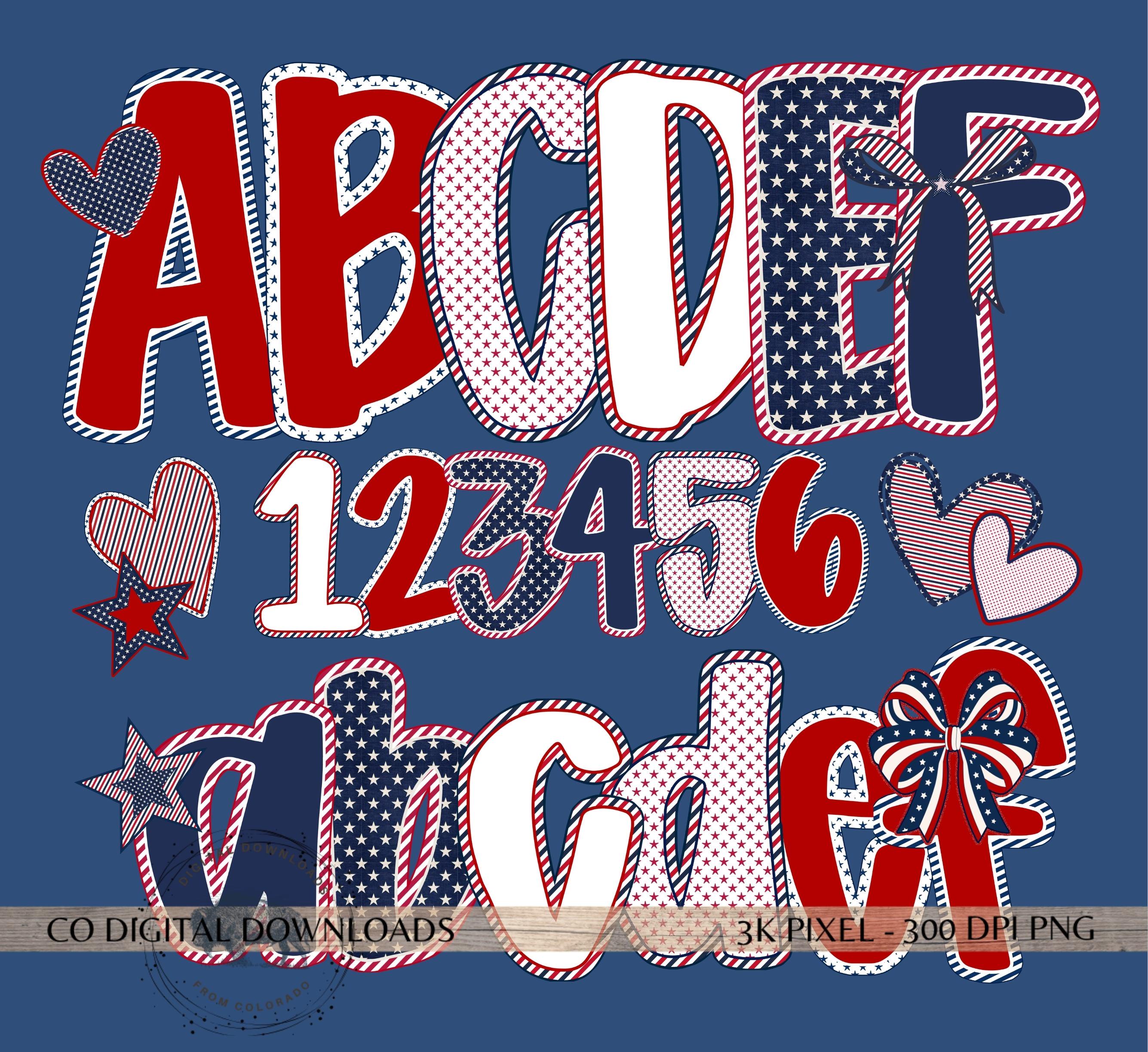 Preppy 4th of July Alphabet Bundle Png,patriotic Red Blue Doodle ...