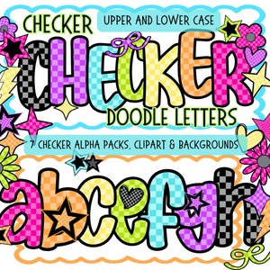 Buntes Schach Alphabet Bundle PNG, Groß- und Kleinbuchstaben, Alpha Doodle Buchstaben, Retro Checkered Letter PNG, helles Alpha, Marquee Bulletin