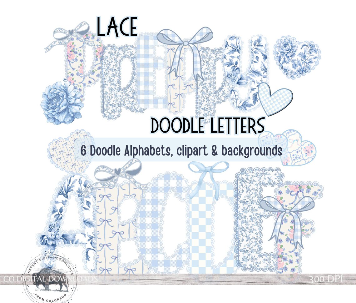 Lace Floral Alphabet PNG Bundle, Preppy Blue Toile Letters, Bow Digital ...