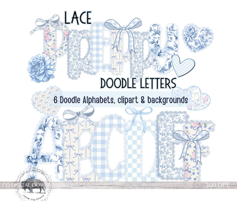 Lace Floral Alphabet PNG Bundle, Preppy Blue Toile Letters, Bow Digital ...