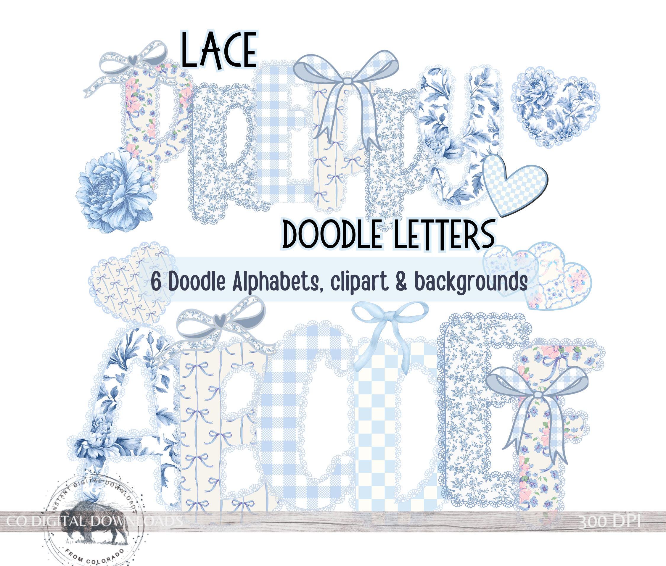 Lace Floral Alphabet PNG Bundle, Preppy Blue Toile Letters, Bow Digital ...