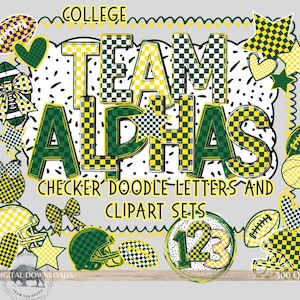 May include: Digital clipart set with the words "TEAM ALPHAS" in green and yellow checkerboard patterns. The image includes footballs, helmets, hearts, stars, and the text "COLLEGE CHECKER DOODLE LETTERS AND CLIPART SETS".