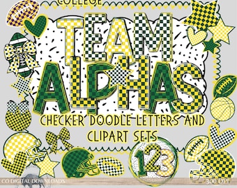 Team spirit Alphabet PNG bundle, Football png green yellow Checker letters, sports Doodle font, Game day Alpha pack, Marquee letters