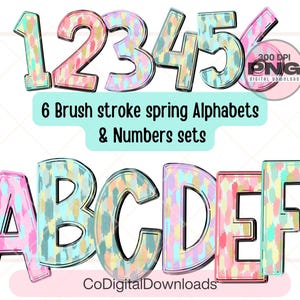 Paquete de alfabeto de trazos de pincel de primavera png, letras de garabatos alfa de colores png, conjunto de letras imprimibles en PDF, sublimación personalizada de 6 colores pastel alfa