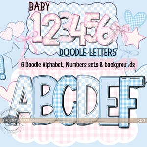 Paquete de alfabeto de bebé preppy png, alfabeto de cuadros azules y rosas doodle png, letras de fuente doodle coquetas png, alfabeto pastel con letras de marquesina png