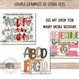 May include: Digital art examples showcasing alphabet and number sets with various themes. One set features Christmas-themed letters and numbers with candy cane and holly accents. Another set displays Halloween-themed letters with checkered and striped patterns.