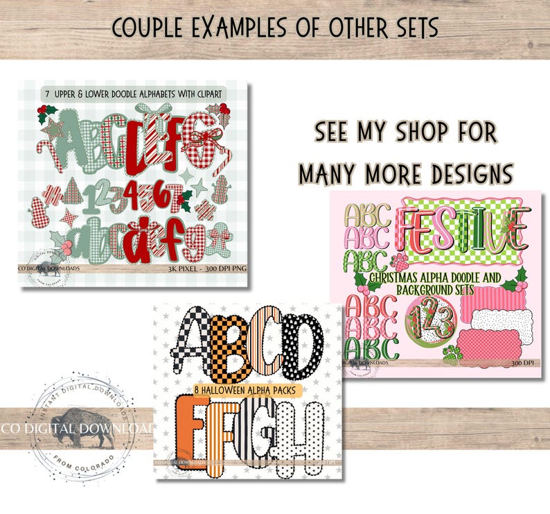May include: Digital art examples showcasing alphabet and number sets with various themes. One set features Christmas-themed letters and numbers with candy cane and holly accents. Another set displays Halloween-themed letters with checkered and striped patterns.