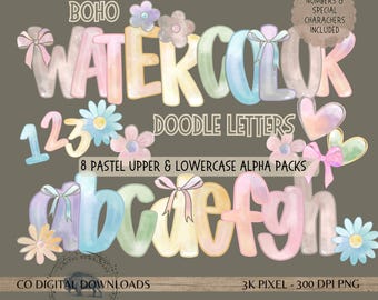 Watercolor Alphabet Bundle PNG, upper & lowercase, Fall Doodle letters, Preppy pastel font, Rainbow Boho Alpha, Marquee bulletin letters