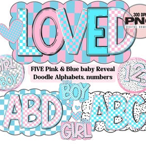 Paquete de alfabeto para bebés, letras para baby shower, fuente de doodle rosa y azul, camiseta para revelar el género del embarazo, clipart del alfabeto, letras de marquesina