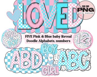 Baby alphabet png bundle, Checker letters, Pink blue doodle font, pregnancy gender reveal party, alphabet clipart, marquee bulletin letters