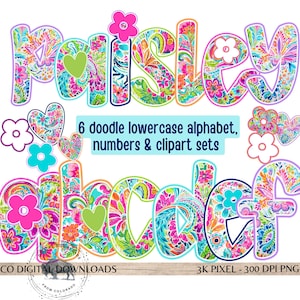 Puede incluir: Ilustración digital colorida con la palabra "Paisley" en letras de burbujas, adornada con motivos florales y paisley. La imagen incluye letras minúsculas del alfabeto, números y conjuntos de imágenes prediseñadas, con el texto "6 doodle lowercase alphabet, numbers & clipart sets".