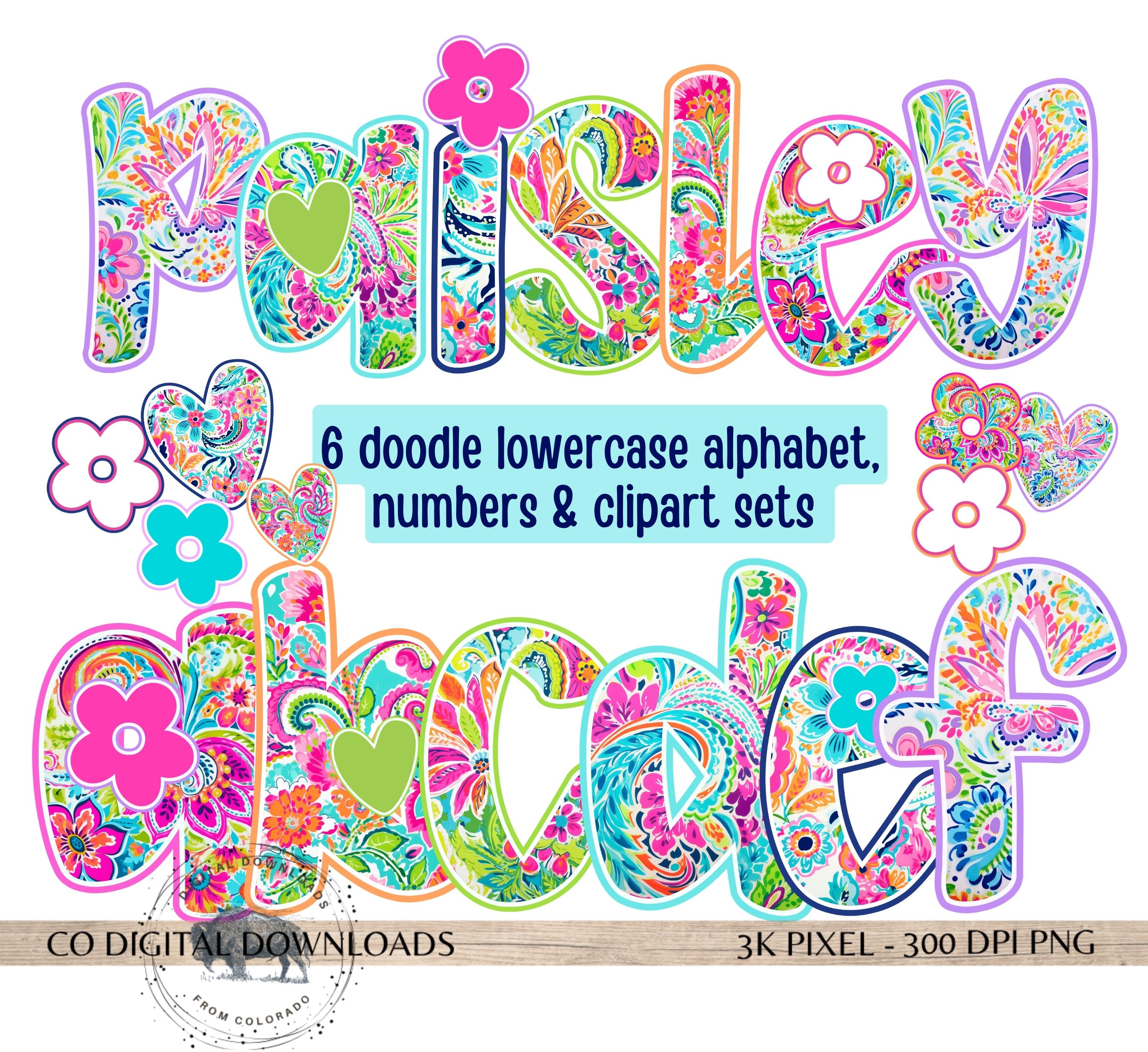 Preppy Floral Alphabet Bundle PNG, Paisley Alpha Doodle, Bright ...