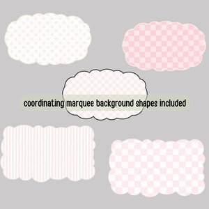 Puede incluir: Cinco formas con bordes festoneados en patrones rosas y blancos. Los dise&ntilde;os incluyen lunares, rayas y cuadros. El texto "coordinating marquee background shapes included" se muestra sobre un fondo verde claro.