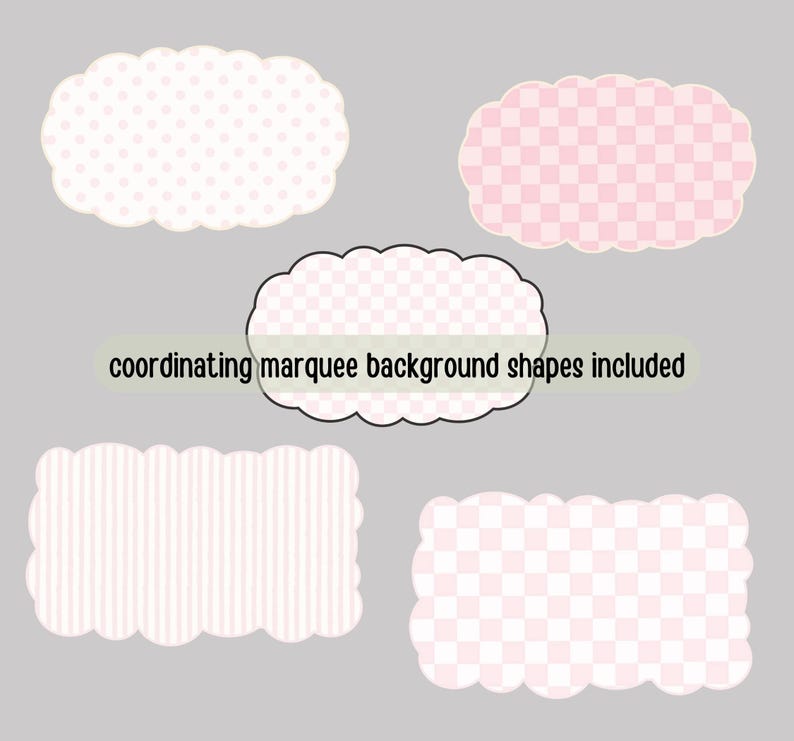 Puede incluir: Cinco formas con bordes festoneados en patrones rosas y blancos. Los dise&ntilde;os incluyen lunares, rayas y cuadros. El texto "coordinating marquee background shapes included" se muestra sobre un fondo verde claro.