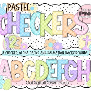 Alfabeto de cuadros pastel, letras de garabatos alfa de bebé (PNG), letras a cuadros (PNG), conjunto de letras alfa de primavera de 8 colores, letras de marquesina dálmata (PDF)