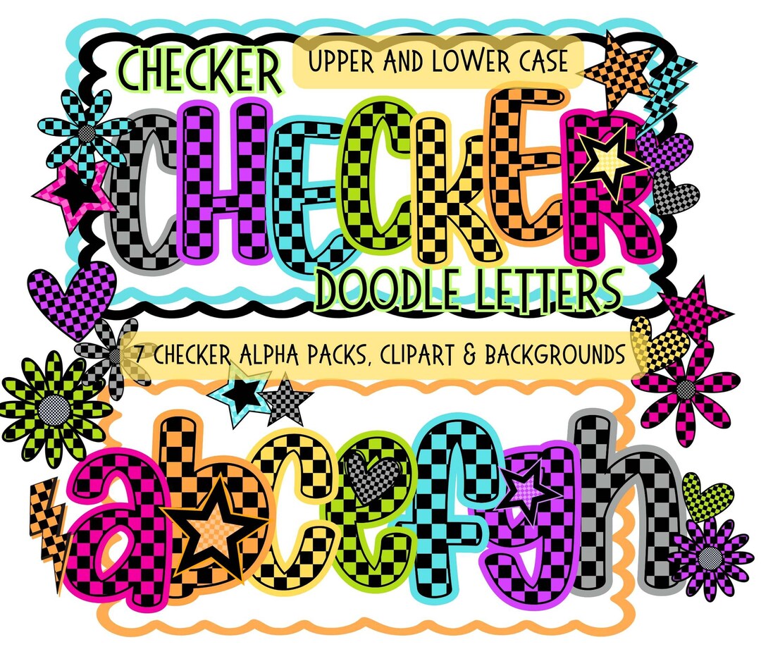 Colorful Checker Alphabet Bundle PNG, Upper & Lowercase, Alpha Doodle ...