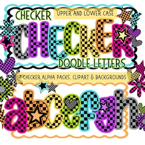 Colorful Checker Alphabet Bundle PNG, upper & lowercase, Alpha Doodle letters, Retro Checkered Letter PNG, Bright  Alpha, Marquee bulletin