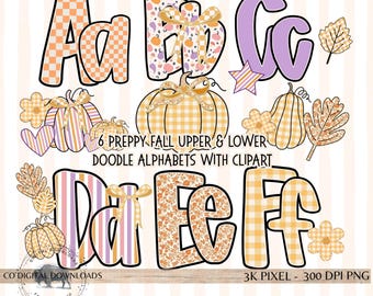Preppy Fall Alphabet PNG Bundle, Pastel Thanksgiving Doodle font, Floral Grandmillenial, Halloween checker letters,  Alpha Set bulletin
