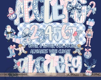 Alfabeto navideño preppy PNG, letras garabateadas en azul y rosa, coqueta de pan de jengibre de invierno Toile Grandmillenial, conjunto de 7 alfabetos con imágenes prediseñadas